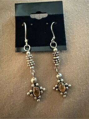 Vintage Signed 925 Sterling Silver Bali Beaded Drop Earrings Citrine Cabochon